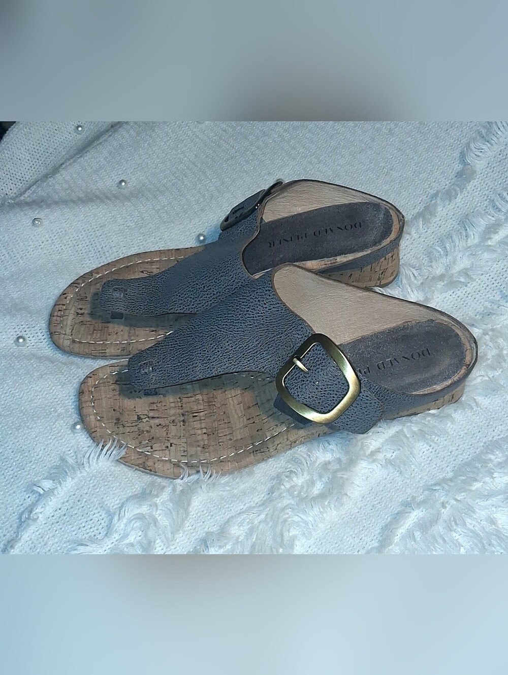 Donald J. Pliner Gray Textured Cork Thong Sandals with Buckle